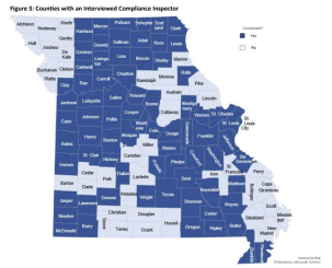Figure of Missouri state map divided by county indicating counties with an interviewed compliance inspector taken from the report 