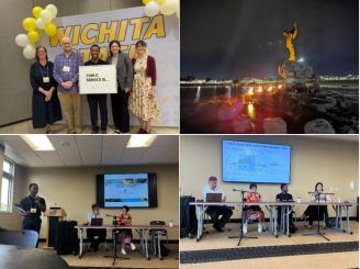 collage of 4 different photos taken at the CUPSO conference, including one group photo of our attendees, one picture of a monument on the campus, and two photos of our attendees presenting their research. 