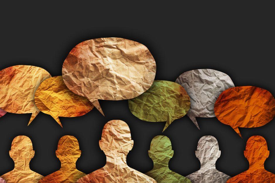 A photo of multi colored silhouettes with thought bubbles above their heads.